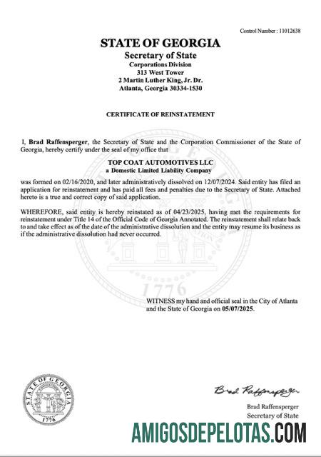 Certificado de reintegração dos EUA, Geórgia, modelo Word e PDF para download